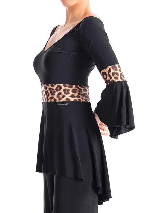 Victoria Blitz Reggio Leopard Ballroom or Latin Black Practice Top with V-Neckline, 3/4 Bell Sleeves, Flared Bottom, and Leopard