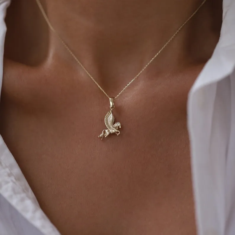 Vintage 14K Solid Gold Pegasus Pendant Handmade Reared Horse Necklace Animal Gift For Women