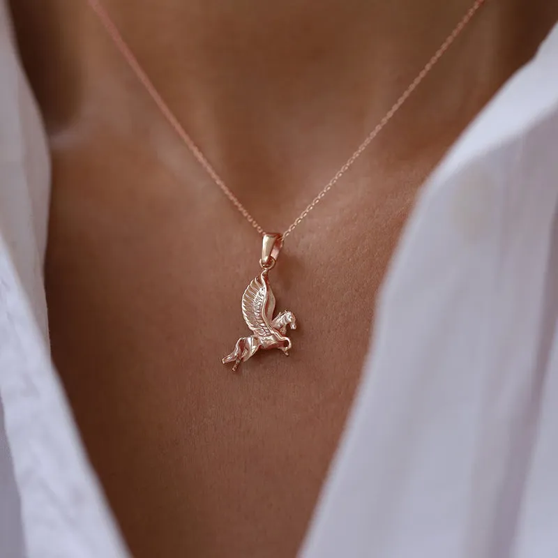 Vintage 14K Solid Gold Pegasus Pendant Handmade Reared Horse Necklace Animal Gift For Women