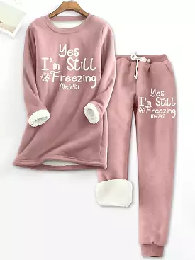 Warm and Cozy Women's Fleece Pajama Set with Crew Neck Top and Elastic Waist Pant