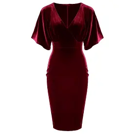 Wine Red Claret Velour Half Batwing Sleeve Crossover Top Wiggle Dress