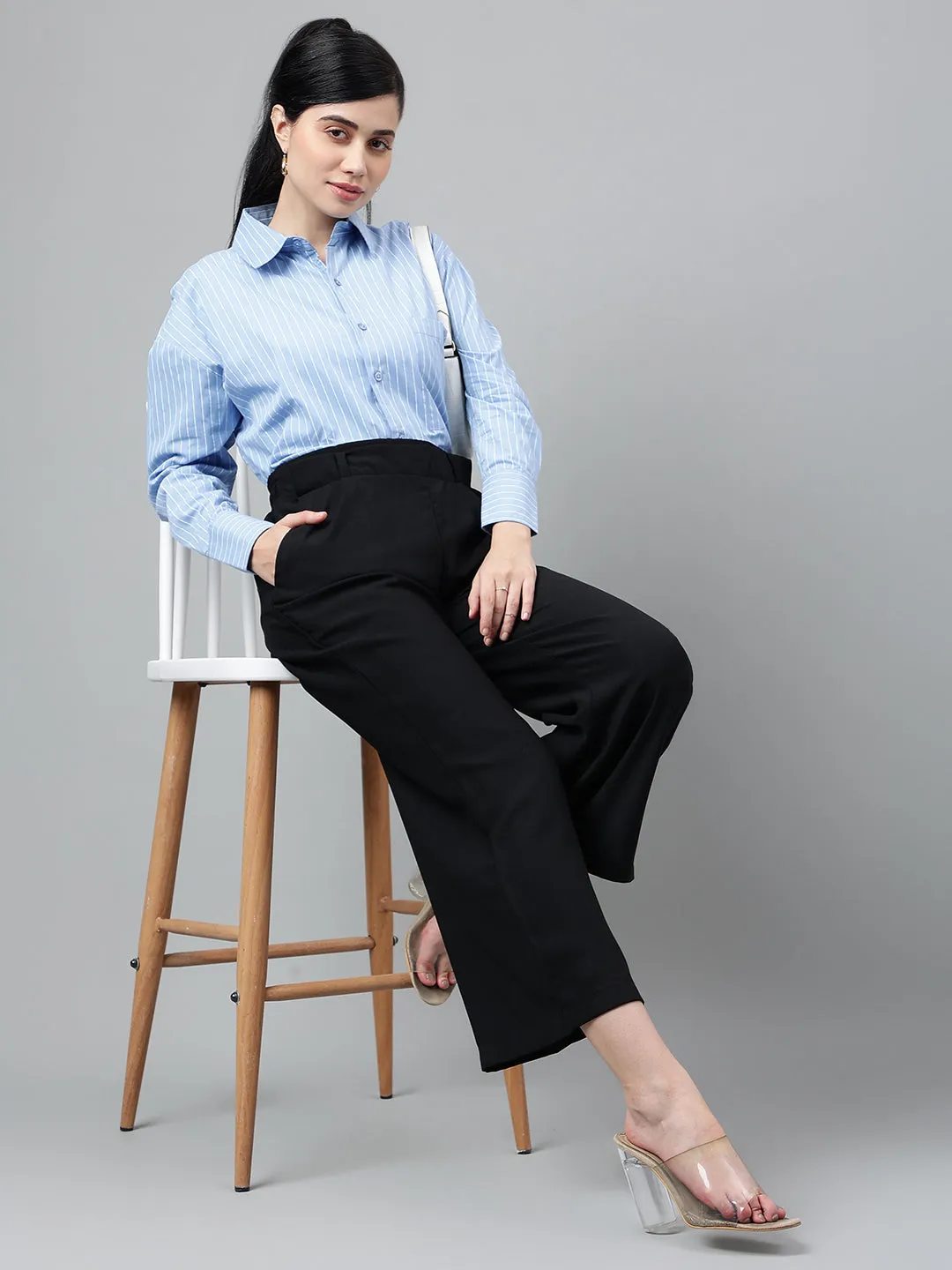 Women Blue & White Vertical Striped Pure Cotton Relaxed Fit Formal Over Size Shirt