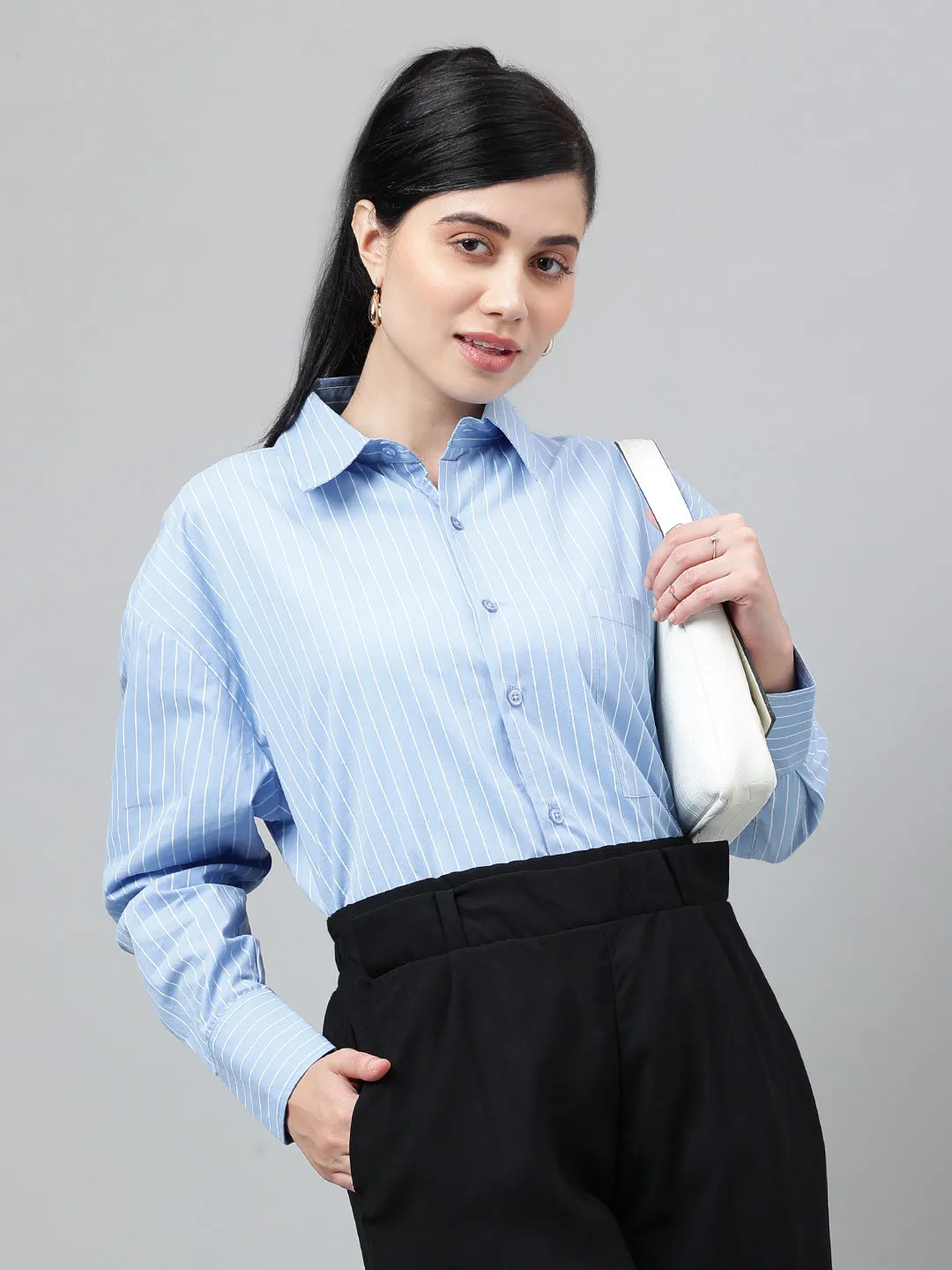 Women Blue & White Vertical Striped Pure Cotton Relaxed Fit Formal Over Size Shirt