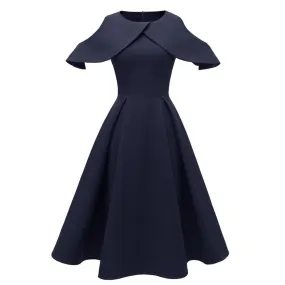 Women Cold Shoulder Ruffle Sleeve Robe Pin Up Swing Vintage Retro Formal Evening Party Ladies Dresses