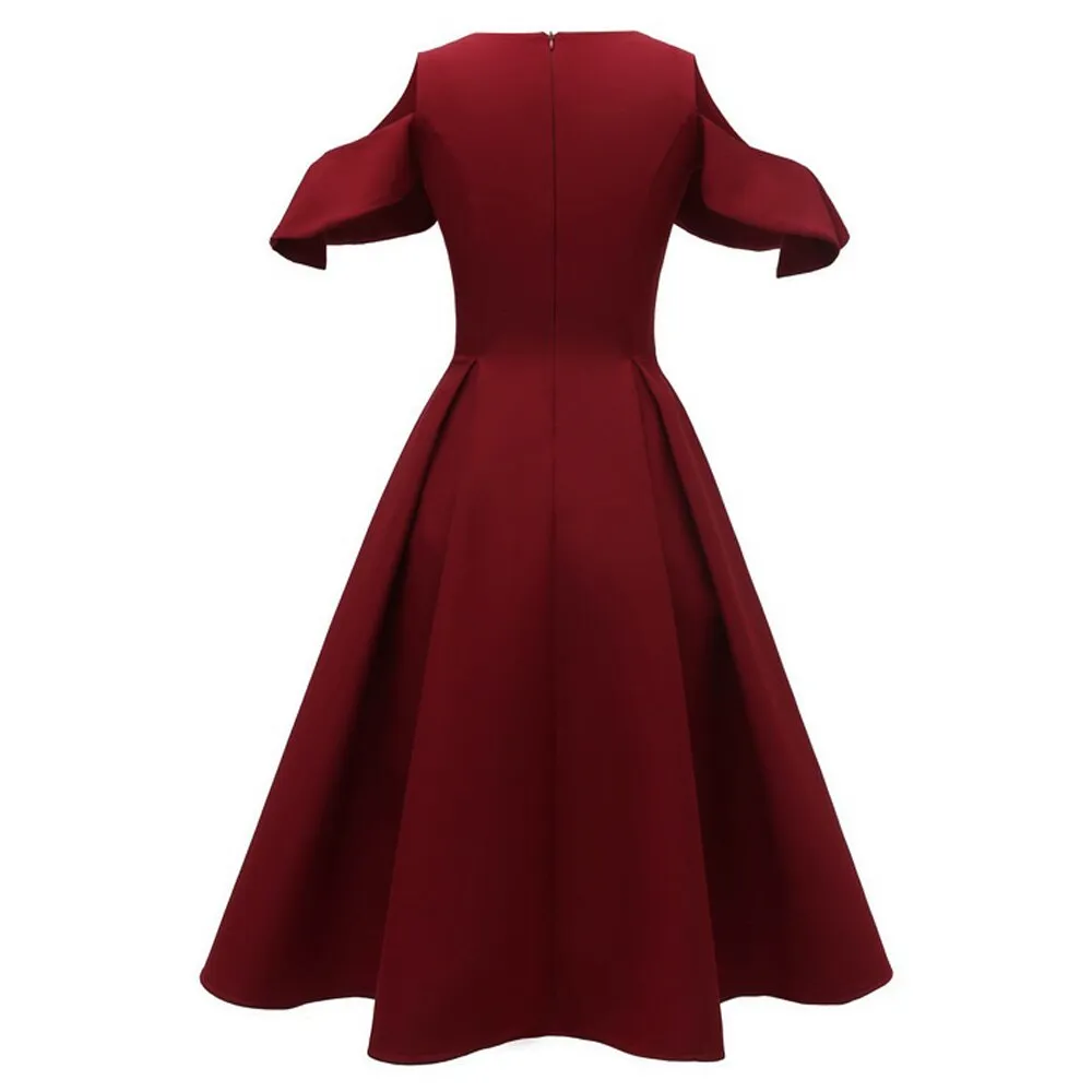 Women Cold Shoulder Ruffle Sleeve Robe Pin Up Swing Vintage Retro Formal Evening Party Ladies Dresses