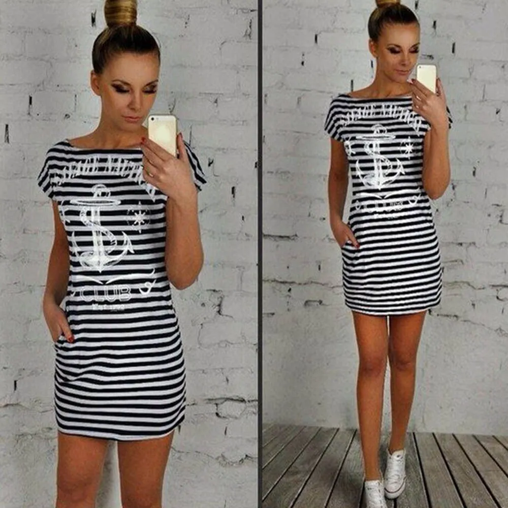 Women Dress Ladies Vintage Robe Boat Anchor Stripe Short Sleeves Dress Style Sale Feida