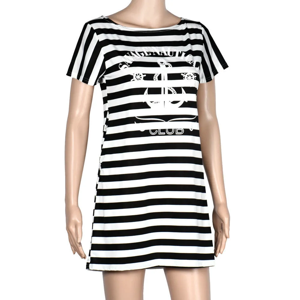 Women Dress Ladies Vintage Robe Boat Anchor Stripe Short Sleeves Dress Style Sale Feida