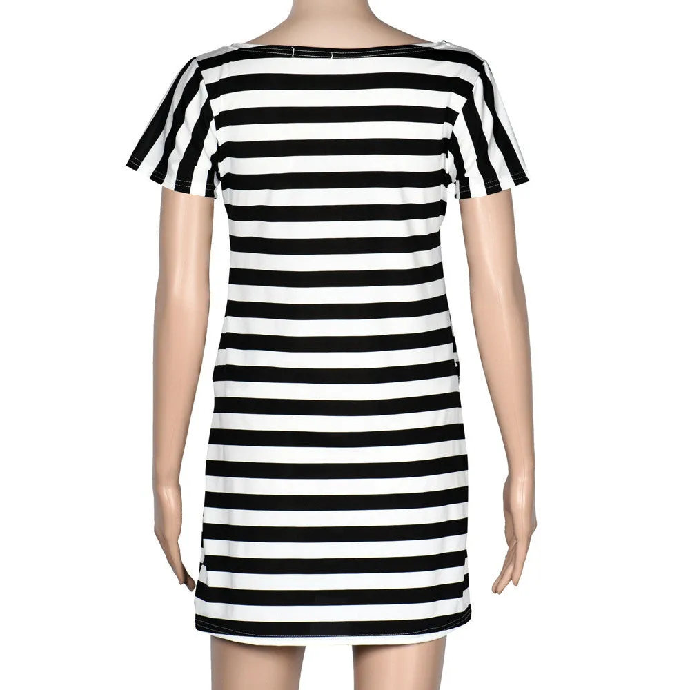 Women Dress Ladies Vintage Robe Boat Anchor Stripe Short Sleeves Dress Style Sale Feida