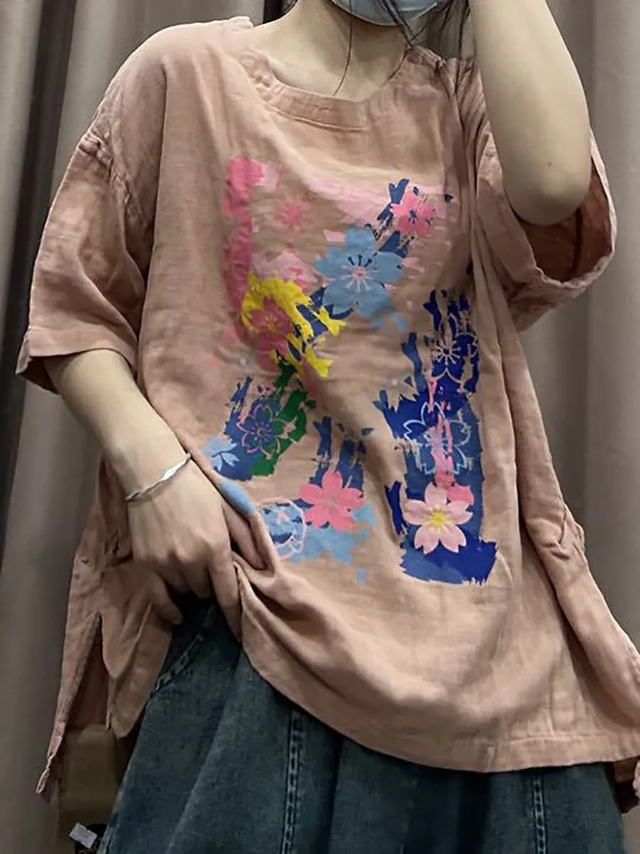 Women Spring Flower Print Vintage Cotton Loose Shirt CO1023