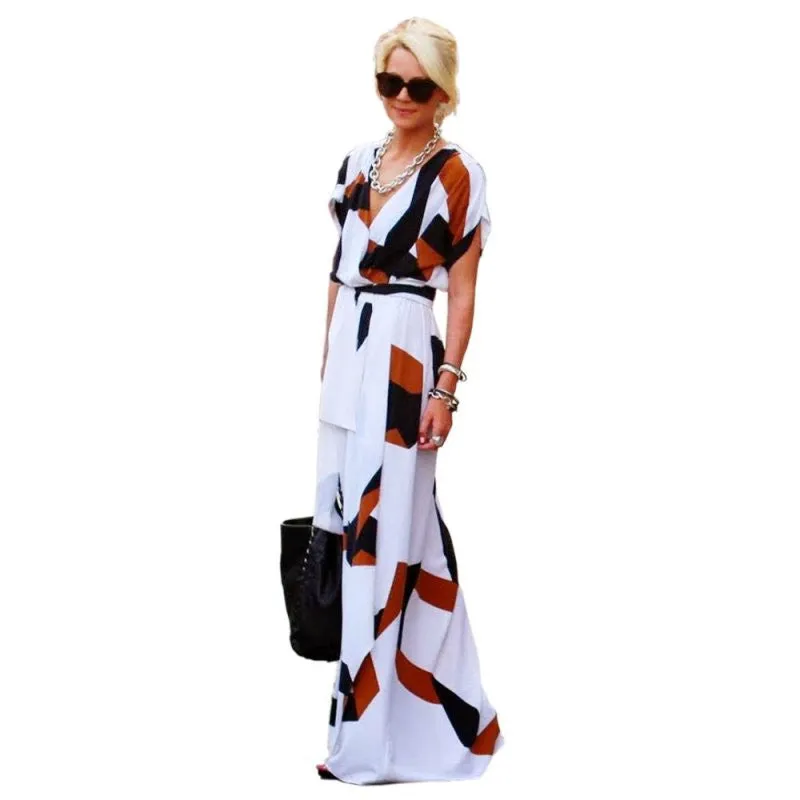 Women Vintage Dress Vestidos Sexy Deep V Neck Short Sleeve Pattern Print Long Beach Maxi Dress L4 SM6