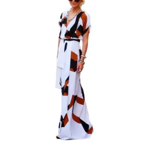 Women Vintage Dress Vestidos Sexy Deep V Neck Short Sleeve Pattern Print Long Beach Maxi Dress L4 SM6