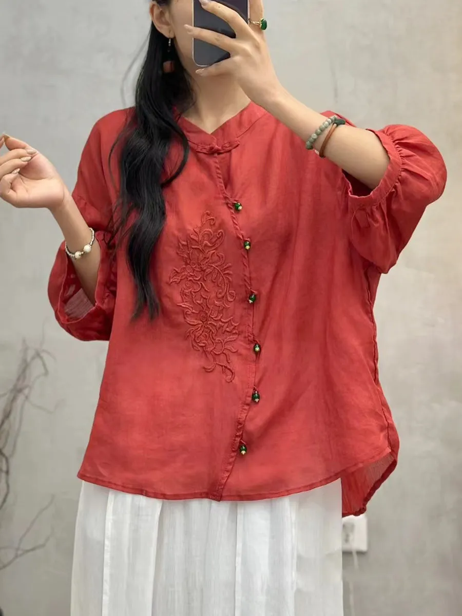 Women Vintage Embroidery Button Up Blouse PA1022