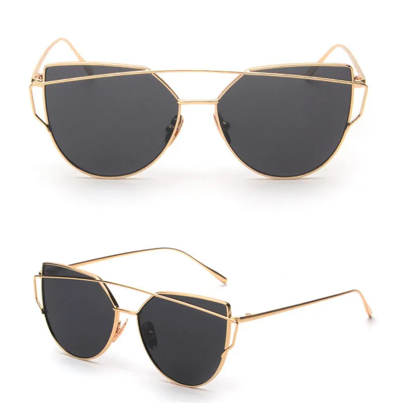 Women Vintage Rose Gold Mirror Sun Glasses Twin-Beams Classic Metal Frame Mirror Sunglasses Cat Eye Sunglasses