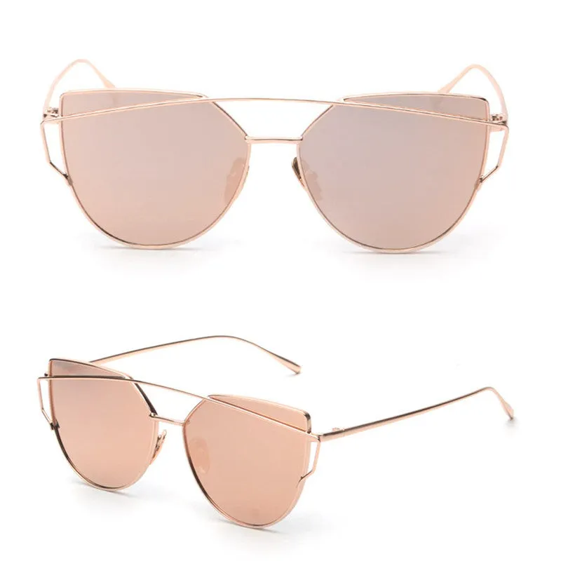 Women Vintage Rose Gold Mirror Sun Glasses Twin-Beams Classic Metal Frame Mirror Sunglasses Cat Eye Sunglasses