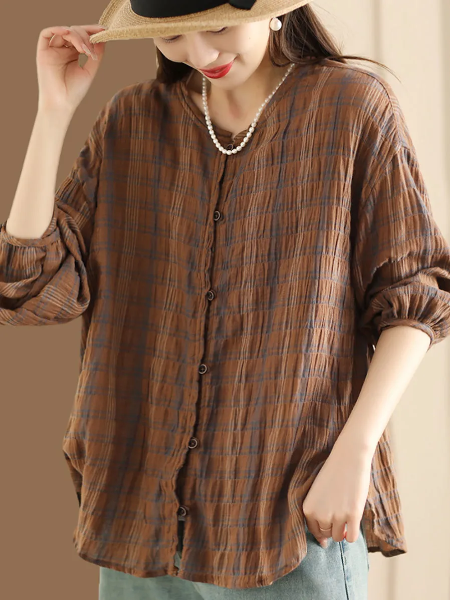 Women Vintage Spring Plaid Ramie Button Up Blouse CO1044