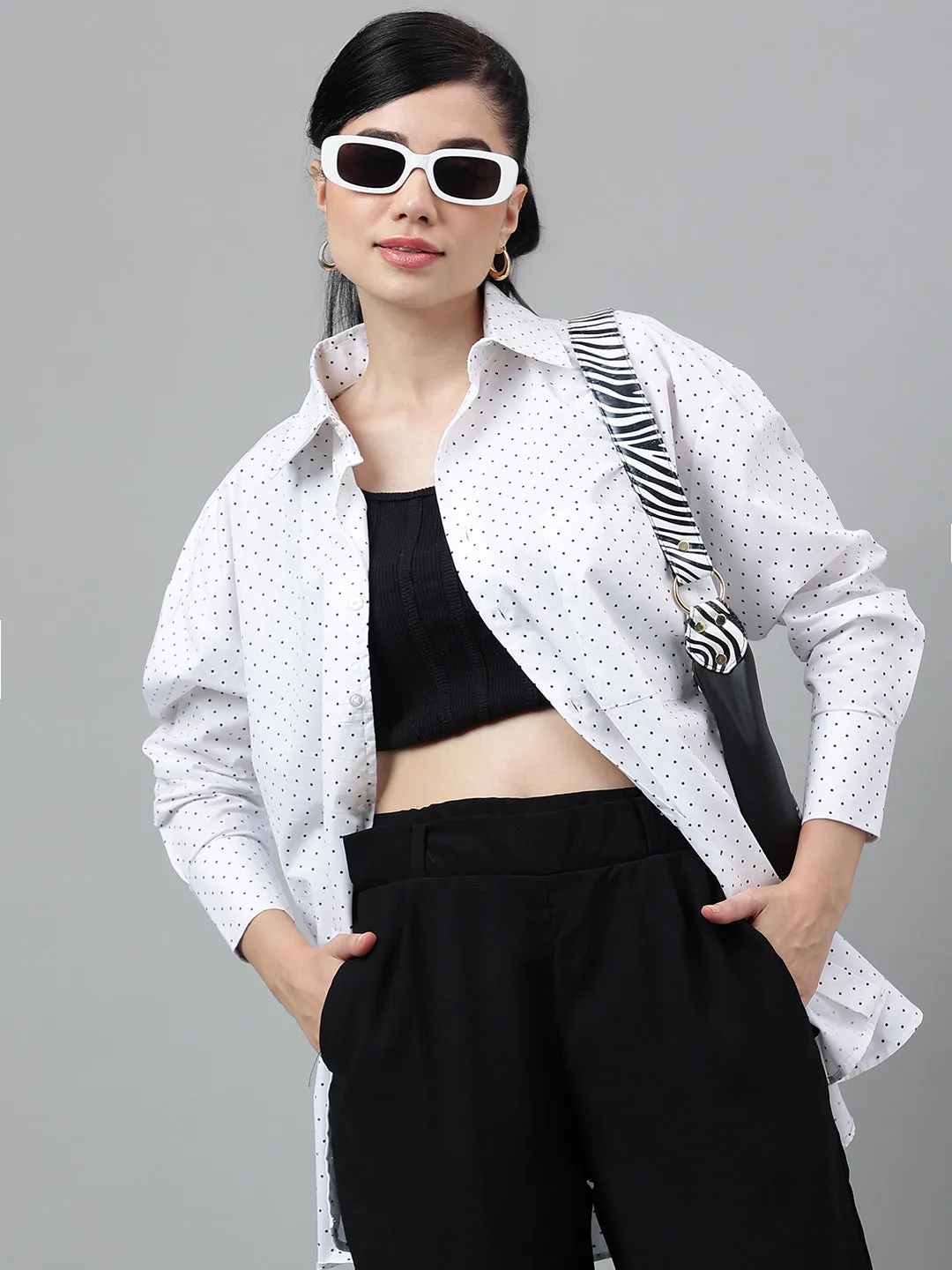 Women White & Black Polka Dot Printed Pure Cotton Relaxed Fit Formal Over Size Shirt