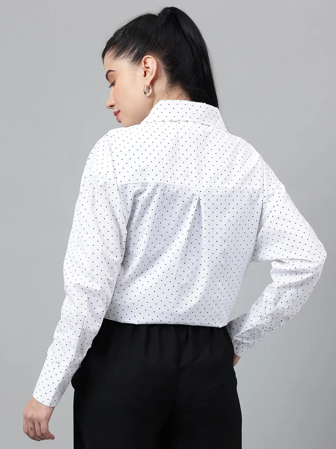 Women White & Black Polka Dot Printed Pure Cotton Relaxed Fit Formal Over Size Shirt