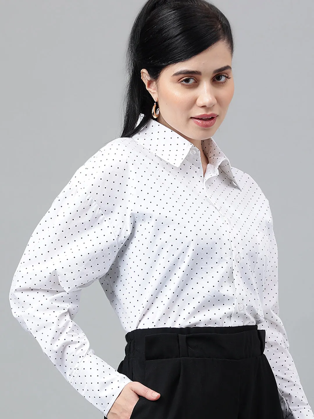 Women White & Black Polka Dot Printed Pure Cotton Relaxed Fit Formal Over Size Shirt