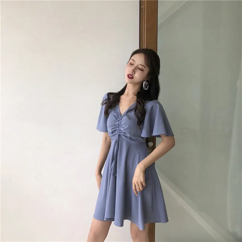 Women's Lovely Dresses Chic Ins Kawaii Laceup V-neck High Rise Vintage Dress Girl Sweet Korean Punk Clothe For Women Beach Shirt