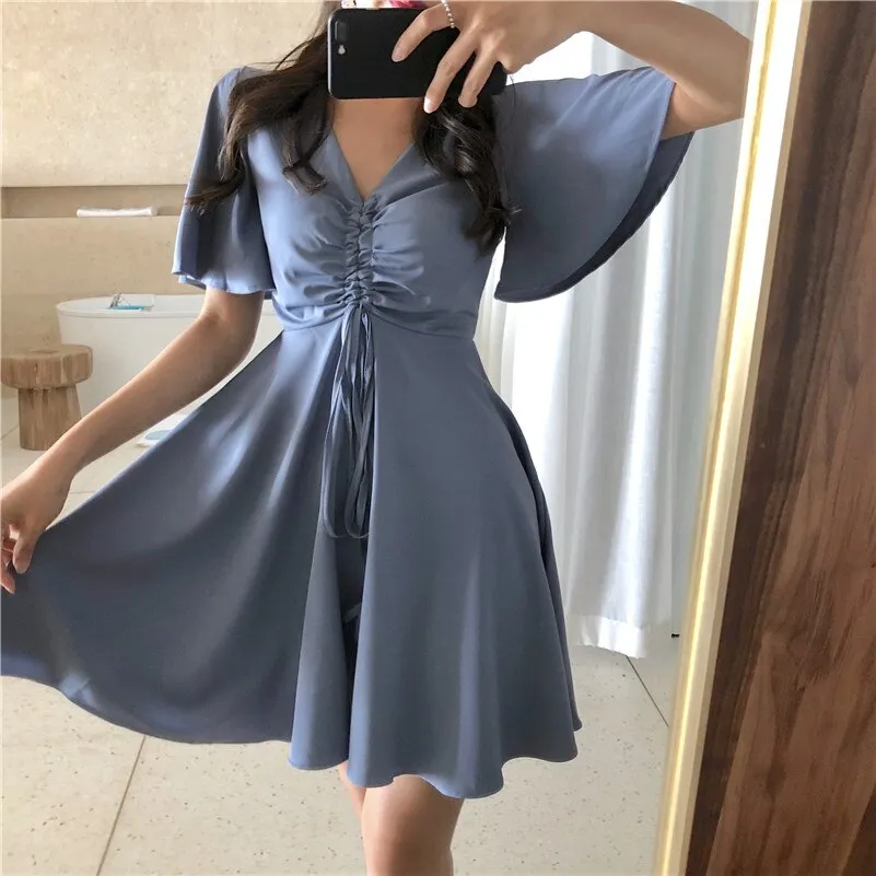 Women's Lovely Dresses Chic Ins Kawaii Laceup V-neck High Rise Vintage Dress Girl Sweet Korean Punk Clothe For Women Beach Shirt