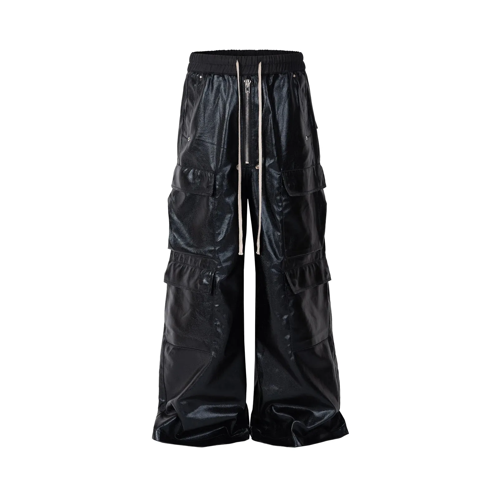 Xituodai RO Style Glossy Black Pu Leather Pants for Men High Street Y2k Pantalones Hombre Baggy Overall Wide Leg Drawstring Carg